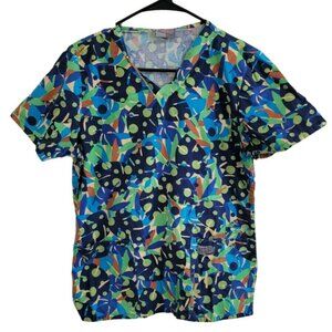 Scrub Zone Top Womens Size XS Blue Green Print Short Sleeve Uniform Nursing